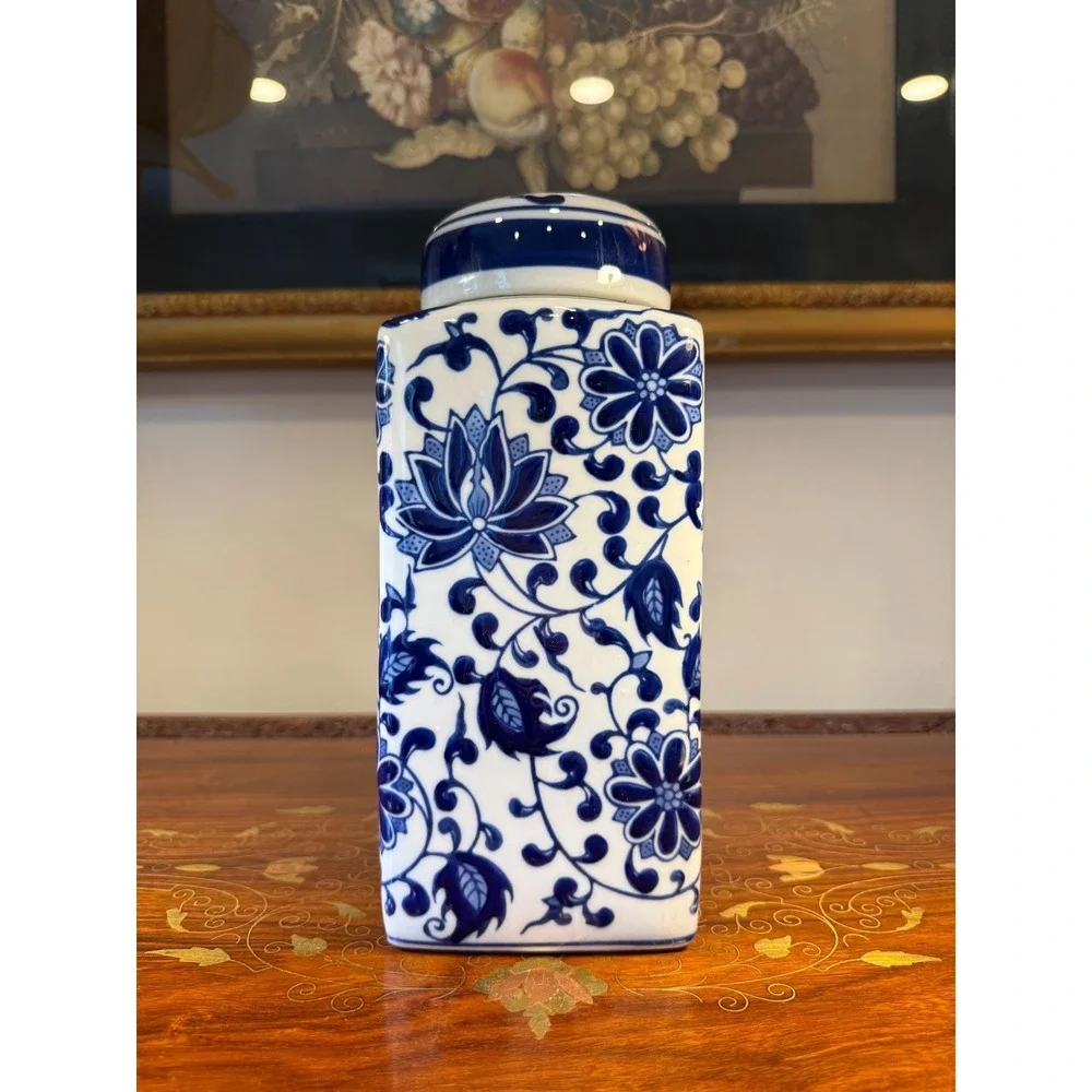 Vintage Bombay Blue & White Porcelain Ginger Jar • Lotus Floral Lidded Jar